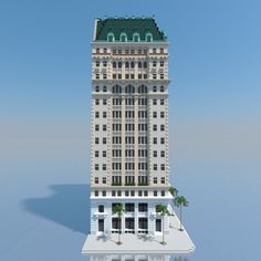 a very tall building with a green roof and palm trees in front of the windows