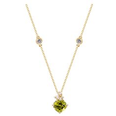 Decorate yourself in elegance with this Pendant is crafted from 10-karat Yellow Gold by Gin & Grace. This Pendant is made up of 6.0 mm Cushion-Cut Peridot (1 pcs) 0.99 carat and Round-cut White Diamond (4 Pcs) 0.02 Carat. This Pendant is weight 1.86 grams. This delicate Pendant is polished to a high finish shine. Gin And, Delicate Pendant, Peridot Pendant, Cushion Cut Diamonds, Pendant Design, Cluster Ring, Cushion Cut, White Diamond, Gin