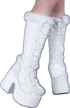 White Winter Boots With Plush Lining, White Plush Lined Winter Boots, White Plush-lined Boots For Winter, White Boots With Plush Lining For Winter, White Synthetic Platform Boots For Winter, Winter Party Platform Boots In Synthetic, Knee-high Chunky Platform Boots For Winter, Knee-high Winter Platform Boots With Chunky Platform, Chunky Platform Knee-high Boots For Winter