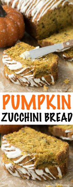 pumpkin zucchini bread with white frosting on top and an orange pumpkin in the background