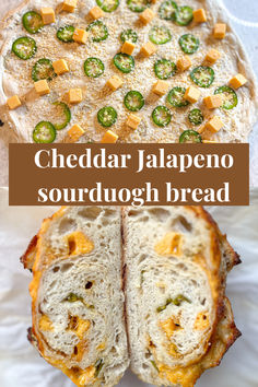 the bread has cheese and jalapeno on it, and is cut in half