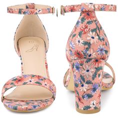 These floral-print heel sandals are sure to be a dazzling look. They feature an open toe, chunky block heels, and ankle straps, which add a touch of cuteness to your look. Designed with chunky block heels, it allows you to walk more comfortably. Pair them with your favorite cocktail dress and colorful accessories for a glamorous party look this season. Great to be a gift for your friend or sister. Spring Floral Print Sandals With Open Heel, Spring Heels With Floral Print And Ankle Strap, Summer Floral Print Open Toe Heels, Spring Floral Print Open Heel Sandals, Spring Open Toe Block Heels With 4-inch Heel, Pink Floral Print Open Heel Heels, Spring 4-inch Open Toe Block Heels, Summer Floral Print High Heels, Summer Floral Print Block Heel Sandals