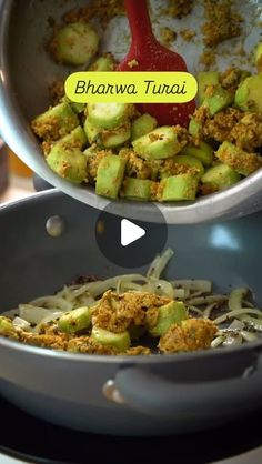 two pans filled with food sitting on top of a stove next to each other