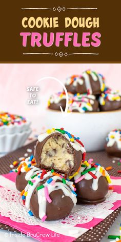 chocolate covered cookie dough truffles with sprinkles on the top and bottom