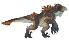 an artist's rendering of a large dinosaur with orange and blue feathers on its back