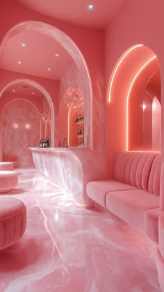 the interior of a pink and white room with marble flooring, curved walls and benches