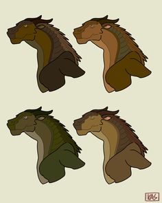 four different colored horse heads with long manes