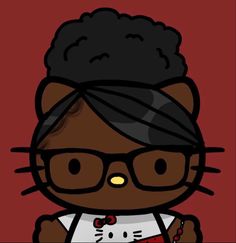 an image of a cartoon character with glasses and a cat on her head looking at the camera