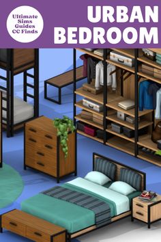 an illustrated image of a bedroom with furniture and bedding in it, including a closet