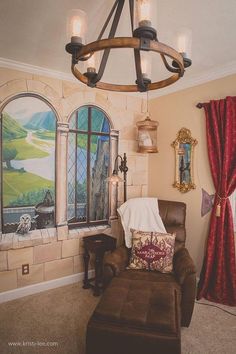 a living room with a couch, chair and painting on the wall