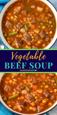 two bowls of vegetable beef soup on a blue cloth