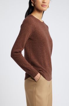 Every closet craves this classic cashmere sweater full of warmth and polish. 24 1/2" length (size Medium) Crewneck Long sleeves 100% cashmere Dry clean Imported Classic Cashmere Tops For Fall, Brown Fine Knit Cashmere Sweater, Elegant Everyday Wool Sweater, Classic Brown Cashmere Top, Brown Brick, Brown Sweater, Cashmere Sweater, Cashmere Sweaters, Cashmere