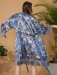 Crafted with meticulous attention to detail, our kimono robe embodies the essence of Eastern luxury, offering you a truly indulgent experience every time you slip it on. Its versatile design effortlessly transitions from leisurely mornings to elegant evenings, ensuring you stay elegant and refined throughout the day. • Silky Comfort: Made of high-quality polyester charmeuse, our robes are soft, lightweight and cooling for summer. They have a smooth and breathable texture that feels just like nat Elegant Beach Robe With Kimono Sleeves, Elegant Kimono Sleeve Robe For Vacation, Elegant Vacation Robe With Kimono Sleeves, Elegant Robe With Kimono Sleeves For Vacation, Elegant Silk Beach Robe, Elegant Silk Robe For The Beach, Elegant Floral Print Beach Kimono, Elegant Beach Kimono With Floral Print, Silk Dressing Gown