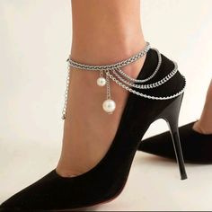 These Silver Aluminum And Pearl Heel Compatible Layered Anklet Chain Sets Are Smokin Hot. Pair These Beauties With A Pair Of Pumps Or Stilettos. The Chain Drapes Over Your Heel Perfectly And Dangles And Moves While You Walk. Definitely Sexy And A Conversation Piece To Say The Least . Purchased In Sets Only. Bundle And Save Today . Accepting Reasonable Offers. Pearl Chain Anklet For Party, Elegant Pearl Chain Anklet For Party, Trendy Party Anklets For Spring, Elegant Adjustable Chain Anklets For Party, Elegant Anklets With Adjustable Chain For Party, Elegant Metal Anklets For Party, Elegant Metal Party Anklets, Metal Chain Anklets For Party, Elegant Ankle Strap Anklets For Party