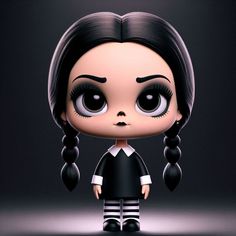 an animated doll with long black hair and big eyes