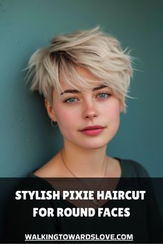 Stylish pixie haircut for round faces against a teal background. Cropped Pixie