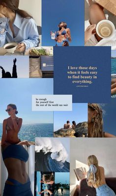 a collage of photos with some people in the background and one woman holding a book