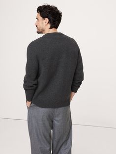 Inspired by vintage cardigan sweaters, this modern version is crafted from a recycled wool blend with thick ribbed-knit accents at the cuffs, pockets, and hem.  Standard fit.  Sustainability: Made with a blend of recycled wool.  Fabric sourced from Italy's Filpucci Mill.  V-neck with button front.  Front pockets.  Straight hem.  Relaxed fit.  Long sleeves.  Hip length.  Model: Size M, 6'2" (188cm). Vintage Cardigan Sweater, Cardigan Sweaters, Vintage Cardigan, Wool Fabric, Hip Length, Charcoal Grey, Cardigan Sweater, Sweater Cardigan, Ribbed Knit