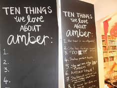 two blackboards with writing on them that say ten things we love about anber