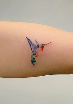 a small hummingbird tattoo on the left side of the right arm, with blue and green wings