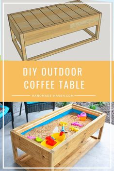 an outdoor coffee table made out of wood and sand with the words diy outdoor coffee table