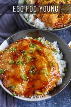 egg foo young with rice and green onions in a bowl on a blue table cloth