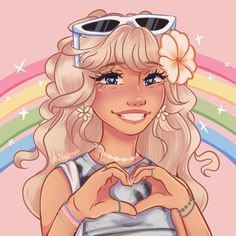 a drawing of a blonde girl with sunglasses on her head and heart shaped hands in front of her face