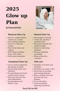 Here‘s your ultimate guide to glow up in 2025! I created a glow up plan to glow up physicaly, mentaly and emotionaly. 💗🧖‍♀️💫 — glow up plan, glow up checklist, glow up ideas, 2025 glow up, glow up routine, physical glow up, mental glow up, emotional glow up, glow up tips, glow up aesthetic, glow up tips for teens, glow up guide, glow up challenge, hair care, skin care, self care, that girl, clean girl self developement, self improvement— Glow Up Tips For Teens, Glow Up Ideas, Glow Up Plan, Glow Up Routine, Glow Up Aesthetic, Glow Up Guide, Glow Up Checklist, Glow Up Challenge, Tips For Teens