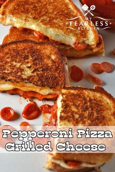 two grilled cheese sandwiches with pepperoni on them and the words pepperoni pizza grilled cheese