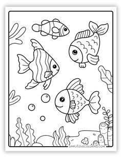 an ocean scene with fish and plants coloring page