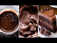 four different pictures of chocolate cake with frosting