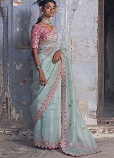 Buy Jade Green Ombre Organza Saree Set by Nitika Gujral at Fabilicious Fashion! Shop made-to-measure Indian wedding wear and jewellery with fast shipping to USA, UK, and Canada. Green Organza Saree, French Knots Embroidery, Knots Embroidery, Blouse Organza, Saree Organza, French Knot Embroidery