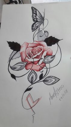 a drawing of a rose with two butterflies on it's side and the number one