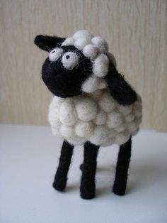 a black and white sheep standing on top of a table