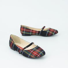 Our classic Secret single-strap flat renovated in bold plaid prints. These unique multi-colored beauties will add old-school charm to an array of outfits. Add a blazer & jeans or an all-black outfit for a true statement. Proud To Be 100 % Vegan Friendly. Upper Material: Plaid Print Fabric Lining Material: Man Made Material + Fabric Counter Lining Fully Padded With Memory Foam For Maximum Comfort. Heel Height: 3/8" Inches Approximate Step In / Front Strap Closure (elastic function) Button Dec Mom Shoes, Plaid Flats, Classy Shoes, Charm School, Blazer Jeans, Of Outfits, Blazer With Jeans, All Black Outfit, Black 7