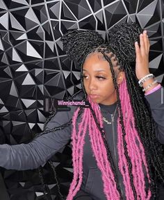 Waist Length Soft Locs, Colorful Faux Locs, Pink And Black Locs, Locs Styles Short, Colored Faux Locs, Short Two Strand Twist, Pink Faux Locs, Long Soft Locs, Butterfly Locs Hairstyles