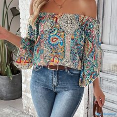 Orcajump - Paisley Print Off Shoulder Blouse, Ethnic Flare Sleeve Blouse For Spring & Summer, Women's Clothing Flared Sleeves, Paisley Print, Off Shoulder Blouse, Off The Shoulder, Color Mixing, Off Shoulder, Sleeve Blouse, Paisley, Women's Clothing