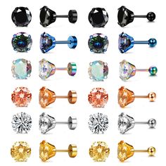 various types of piercings with different colored stones