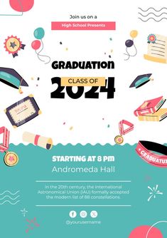 graduation party flyer with balloons and confetti