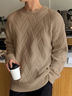 Apricot Casual Collar Long Sleeve Fabric Plain Pullovers Embellished High Stretch  Men Clothing Outfits Quotes, Guys Clothing Styles, Drop Shoulder Sweaters, Mens Plaid, Loose Sweater, Casual Sweatshirt, American Style, Colorful Sweaters, A Man