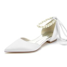 Pearl Ankle Strap Satin Flats Pointed Toe D'orsay Shoes for Work Elegant Pointed Toe Flats With Ankle Strap For Wedding, Elegant Wedding Pointed Toe Flats With Ankle Strap, White Closed Toe Pointed Flats For Party, Elegant White Pointed Toe Flats With Low Heel, White Pointed Toe Flats For Evening, White Closed Toe Flats For Party, Elegant White Closed Toe Flats, Chic Wedding Flats With Closed Toe, Elegant Ankle Strap Flats For Parties