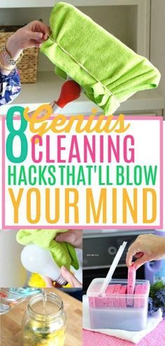 a woman cleaning her kitchen with the words 8 genius cleaning hacks that blow your mind