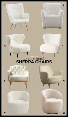 six different types of white chairs with text overlay that says sherpa chairs