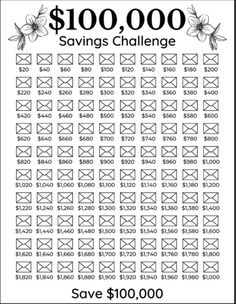 the $ 100, 000 savings challenge is shown in this black and white poster with flowers