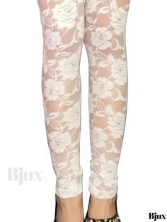 Bjux - Chic High-Waisted Mesh Rose Lace Leggings: Elegant, Fitted Bottoms for Fashion-Forward Women White Footless Spring Leggings, Spring White Footless Leggings, Fitted Bottoms, Lace Leggings, Rose Lace, Lace Pattern, Sheer Fabrics, Spandex Fabric, Knitted Fabric