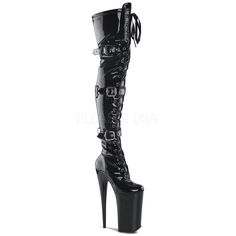 PLEASER BEYOND-3028 Black Stretch Pat Extreme 10 Inch High Heels 10 Inch Heels, High Heel Stiefel, Dance Boots, Extreme High Heels, Popular Boots, Pleaser Shoes, Thigh Boot, Super High Heels, Drag Queens