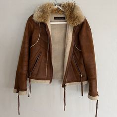 Beautiful Shearling Brown Motor Jacket Fits Size Small Pre-Owned But In Fantastic Condition! See Tag For Details And Care Brown Shearling Outerwear With Faux Fur Trim, Fitted Outerwear With Faux Fur Lining, Motor Jacket, Faux Shearling Coat, Coyote Fur, Jacket Fits, Marc New York, Shearling Coat, Fur Collars