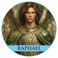 an image of raphael the roman god with his name in blue and gold on it