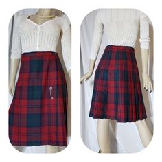 Classic pleated  wrap Tartan skirt in red, blue, green  The skirt closes with 2 buttons at the waist Brand  Highland Queen  Waist 26 to 28 inches  See measurements on photo please  Great vintage condition Tartan Hitched Skirt, Green Tartan Skirt, Black Bolero Jacket, Nightgown Sets, Tartan Skirt, Hippie Skirts, Mom Denim, Crochet Short, Elegant Skirt