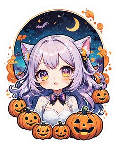 an anime character with purple hair and pumpkins